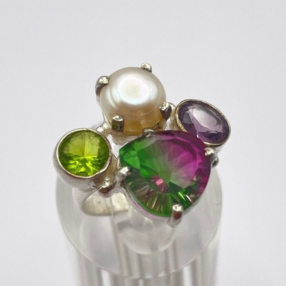 Multi Stone Pearl Statement‎ Ring Sparkling Cocktail Ring Size US 6.5 - Picture 1 of 9